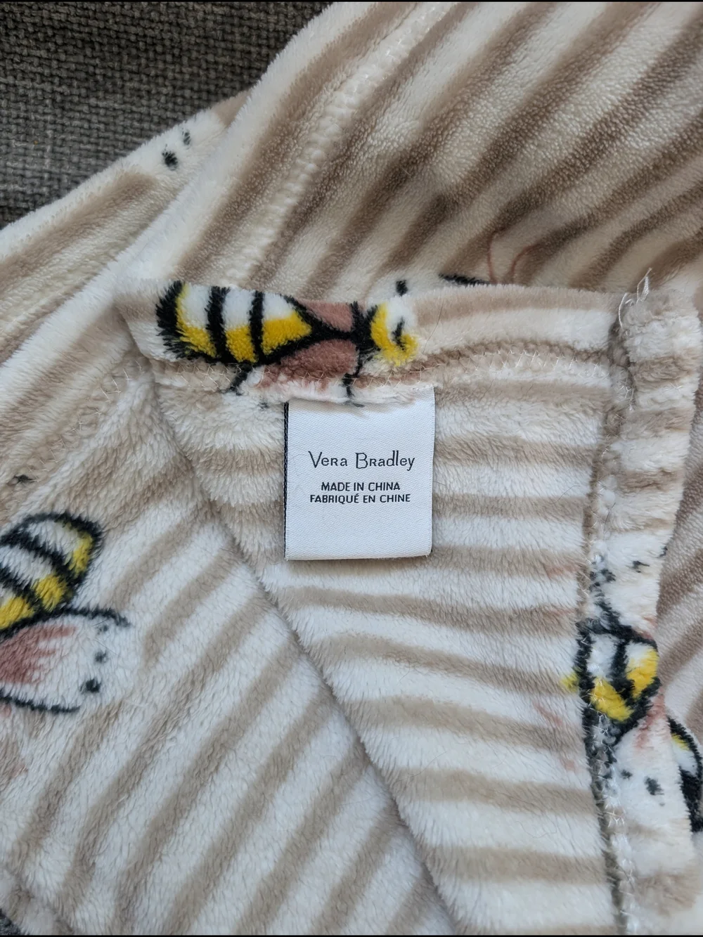 Vera Bradley Beige and White Striped Bee Print Throw